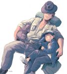  2boys age_difference bag beard belt brown_belt brown_headwear brown_pants child closed_eyes facial_hair fedora hat indiana_jones indiana_jones_(series) matsuri6373 multiple_boys open_mouth pants short_round simple_background sleeping white_background 