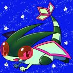  black_eyes blue_background claws fang flygon flying no_humans open_mouth pokemon pokemon_(creature) rick36i sky solo star_(sky) star_(symbol) starry_sky wings 