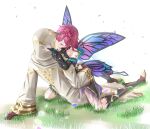  1boy 1girl boots butterfly_wings cloak closed_mouth commission couple fire_emblem fire_emblem_heroes flower gloves hair_flower hair_ornament hetero highres hood hood_up hooded_cloak kiran_(fire_emblem) kiran_(male)_(fire_emblem) kiss leather leather_gloves purple_hair second-party_source skeb_commission toriyoshi_(mmxn3582) triandra_(fire_emblem) wings 