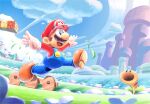  artist_name blue_eyes blue_overalls blue_sky facial_hair fence gloves grass hat highres jumping maribouoekaki mario mustache open_mouth outdoors overalls red_headwear red_shirt shirt short_hair sky super_mario_bros. super_mario_bros._wonder watermark white_gloves wooden_fence 