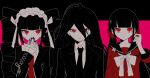  1boy 2girls black_hair black_nails black_necktie black_sailor_collar bow bowtie celestia_ludenberg closed_mouth collared_shirt danganronpa:_trigger_happy_havoc danganronpa_(series) danganronpa_2:_goodbye_despair danganronpa_v3:_killing_harmony drill_hair earrings fukutsu_mushiba hair_between_eyes hair_ornament hair_scrunchie hairclip hand_up harukawa_maki highres jewelry kamukura_izuru long_hair long_sleeves mole mole_under_eye multiple_girls nail_polish necktie pink_background red_eyes red_scrunchie red_shirt sailor_collar scrunchie shirt twin_drills upper_body white_bow white_bowtie 