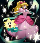 1girl artist_name blonde_hair blue_eyes bow breasts dress dusa earrings elbow_gloves gloves highres jewelry large_breasts long_dress long_hair looking_at_viewer medium_breasts official_alternate_hairstyle open_mouth pink_bow pink_dress ponytail princess_peach red_bow short_sleeves super_mario_bros. teeth untitled_princess_peach_game upper_teeth_only watermark white_gloves
