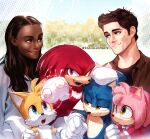  2girls 4boys amy_rose animal arm_hug blue_eyes brown_hair dark-skinned_female dark_skin echidna_(animal) fox furry furry_female furry_male gloves green_eyes hand_on_another&#039;s_head hedgehog highres human husband_and_wife image_sample isa-415810 knuckles_the_echidna maddie_wachowski multiple_boys multiple_girls open_mouth sega sonic_(series) sonic_team sonic_the_hedgehog sonic_the_hedgehog_(film) sonic_the_hedgehog_2_(film) tails_(sonic) tom_wachowski twitter_sample twitter_username white_gloves 
