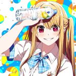  1girl 4b-enpitsu blonde_hair blue_bow blue_bowtie blush bottle bow bowtie chromatic_aberration clenched_teeth collared_shirt commentary dydo_drinco film_grain hair_between_eyes highres holding holding_bottle hoshino_ruby long_hair looking_at_viewer mismatched_pupils no_pupils one_side_up oshi_no_ko pink_eyes plaid plaid_bow plaid_bowtie shadow shirt short_sleeves sidelocks signature smile solo star-shaped_pupils star_(symbol) symbol-shaped_pupils teeth upper_body white_shirt 