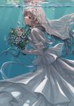  1girl absurdres air_bubble blush bouquet bridal_veil bride bubble dress floating_hair flower from_side gloves grey_hair hanetsuka highres holding holding_bouquet idolmaster idolmaster_shiny_colors light_rays looking_ahead rose solo underwater veil violet_eyes wedding_dress white_dress white_flower white_gloves white_rose yukoku_kiriko 
