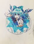  1girl 21scorpii blue_bow blue_dress blue_eyes blue_hair bow bowtie cirno collared_dress dress eyelashes fairy fairy_wings from_above hair_bow ice ice_wings looking_at_viewer marker_(medium) open_mouth outstretched_arms puffy_short_sleeves puffy_sleeves reaching reaching_towards_viewer red_bow red_bowtie short_hair short_sleeves smile touhou traditional_media triangle_print v-shaped_eyebrows white_sleeves white_trim wings 