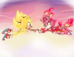  1boy 1girl blaze_the_cat burning_blaze cat_girl fire forehead_jewel furry furry_female gloves gold_necklace highres jacket jewelry necklace pants pink_footwear pink_fur ponytail red_eyes red_footwear red_jacket rfts10919 sonic_(series) sonic_rush sonic_the_hedgehog super_sonic white_pants yellow_eyes yellow_fur 