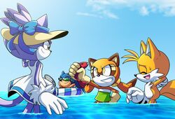  2boys 2girls beach blaze_the_cat blue_sky cat_girl dress fish furry furry_female gloves hat marine_the_raccoon multiple_boys multiple_girls ponytail purple_fur ribbon risziarts shirt sky smirk sonic_(series) sonic_rush_adventure sonic_the_hedgehog strapless strapless_shirt summer sun_hat sundress sunglasses tails_(sonic) water yellow_eyes 