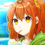  1girl ahoge beach clouds cloudy_sky collarbone cup day drinking_straw drinking_straw_in_mouth fate/grand_order fate_(series) fujimaru_ritsuka_(female) hair_ornament hair_scrunchie jacket looking_at_viewer lowres medium_hair orange_eyes orange_hair outdoors rikko157 scrunchie side_ponytail sky solo 