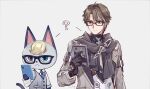 2boys :&lt; ? animal_crossing animal_ears arm_belt black-framed_eyewear black_gloves blonde_hair blue_necktie brown_eyes brown_hair cat_boy cat_ears cat_tail cellphone closed_mouth collared_shirt crossover csyday formal frown furry furry_male glasses gloves green_eyes grey_jacket grey_scarf grey_vest heterochromia holding holding_phone honkai:_star_rail honkai_(series) jacket long_sleeves look-alike looking_at_phone male_focus multicolored_hair multiple_boys necktie open_clothes open_jacket orange_eyes phone raymond_(animal_crossing) scarf shirt short_hair simple_background smartphone streaked_hair suit tail vest welt_yang white_background white_hair white_shirt