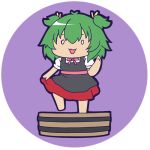  0_0 1girl :3 :d antenna_hair assault_lily black_dress chibi commentary_request dress full_body grape_stomping green_hair hair_ribbon hand_up leg_up looking_at_viewer lowres masaki_itsuki neck_ribbon open_mouth pinafore_dress pink_ribbon puffy_short_sleeves puffy_sleeves purple_background ribbon round_image shirt short_hair short_sleeves simple_background skirt_hold sleeveless sleeveless_dress smile solo standing standing_on_one_leg transparent_background two_side_up white_shirt yellow_ribbon yoshimura_thi_mai 