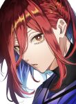  1boy 58hrprtr blue_lock blue_shirt chigiri_hyoma highres long_hair looking_at_viewer male_focus open_mouth portrait red_eyes redhead shirt simple_background solo white_background 