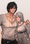  1boy 1girl absurdres arm_around_neck arm_around_shoulder arm_around_waist black_hair blue_eyes blush braid clive_rosfield closed_mouth commentary couple doopee205 dress english_commentary facial_hair final_fantasy final_fantasy_xvi grey_hair hand_on_another&#039;s_hip hetero highres hug jill_warrick long_hair looking_at_viewer muscular muscular_male official_alternate_costume pectorals scar scar_on_face shirt short_hair smile standing upper_body white_dress 