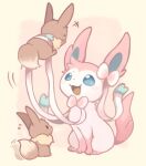  &gt;_&lt; +++ black_eyes closed_mouth commentary_request eevee full_body konanbo looking_at_another no_humans open_mouth pokemon pokemon_(creature) sylveon tail tail_wagging two-tone_background 