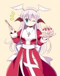  1girl bat_wings birthday_cake blush bow breasts bright_pupils brown_background brown_wings cake candle closed_mouth commentary_request cowboy_shot cross cross_necklace doridori dress fake_wings food fork fruit grey_hair hair_between_eyes hairband head_wings high_priest_(ragnarok_online) holding holding_fork jewelry juliet_sleeves long_hair long_sleeves looking_at_viewer medium_bangs necklace notice_lines one_eye_closed puffy_sleeves ragnarok_online red_dress sash simple_background small_breasts smile solo strawberry thigh-highs two-tone_dress very_long_hair white_bow white_dress white_pupils white_sash white_thighhighs wings yellow_hairband 