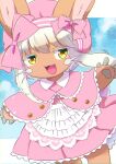  1girl absurdres apron bow brown_fur capelet chromatic_aberration claws dress ear_bow fang furry furry_female hat highres kemoribon made_in_abyss nanachi_(made_in_abyss) no_nose open_mouth pawpads pink_bow pink_capelet pink_dress pink_headwear solo waist_apron whiskers white_hair yellow_eyes 