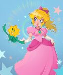 1girl blonde_hair blue_background blue_eyes bow dress earrings elbow_gloves gloves highres jewelry long_dress looking_at_viewer medium_hair official_alternate_hairstyle pink_bow pink_dress pink_gloves ponytail princess_peach skirt_hold super_mario_bros. untitled_princess_peach_game zunysideup