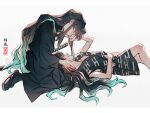  2boys absurdres aqua_hair artist_name black_hair black_jacket black_kimono black_pants black_socks brothers egasumi eye_contact feet_out_of_frame gradient_hair hand_on_another&#039;s_face highres ine_(zx_o4) jacket japanese_clothes katana kimetsu_no_yaiba kimono knee_up long_hair long_sleeves looking_at_another lying male_focus multicolored_hair multiple_boys on_back pants print_kimono seal_impression sheath sheathed short_kimono siblings sidelocks signature simple_background sitting sleeveless sleeveless_kimono smile socks sword tabi tears tokitou_muichirou tokitou_yuichirou very_long_hair weapon white_background wide_sleeves zouri 