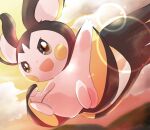 :d arm_up asakirirokuyu blurry blurry_background clouds commentary_request emolga full_body grey_eyes lens_flare no_humans open_mouth orange_sky outdoors pokemon pokemon_(creature) sky smile solo v-shaped_eyebrows 
