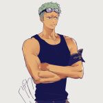  1boy bandana bandana_around_arm bare_shoulders black_bandana black_eyes commentary_request crossed_arms goggles goggles_on_head green_hair grey_background highres katana korean_commentary looking_to_the_side male_focus noeardog official_alternate_costume one_piece parted_lips roronoa_zoro short_hair solo sword tank_top toned toned_male upper_body weapon 