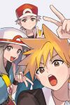  1girl 2boys absurdres arm_up bag blonde_hair blue_oak brown_eyes brown_hair closed_mouth commentary green_shirt grey_asa hat highres jacket jewelry leaf_(pokemon) multiple_boys necklace open_mouth pokemon pokemon_(game) pokemon_frlg pokemon_hgss red_(pokemon) red_headwear red_skirt shirt short_hair shoulder_bag signature skirt sleeveless sleeveless_shirt spiky_hair symbol-only_commentary teeth upper_teeth_only v vs_seeker white_background white_headwear wristband yellow_bag 