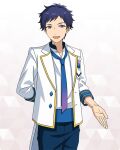  1boy arm_behind_back blue_hair cowboy_shot dark_blue_hair diamond_brooch dot_nose ensemble_stars! fushimi_yuzuru gradient_necktie happy_elements jacket lapels long_sleeves looking_at_viewer male_focus mole mole_under_eye notched_lapels official_art open_clothes open_jacket open_mouth outstretched_hand short_bangs short_hair sleeves_past_elbows solo third-party_source violet_eyes 