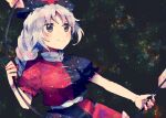  1girl arrow_(projectile) blue_dress blue_headwear bow_(weapon) braid closed_mouth cross dress frilled_sleeves frills grey_eyes grey_hair holding holding_arrow holding_bow_(weapon) holding_weapon itomugi-kun long_hair nurse red_cross red_dress short_sleeves single_braid smile solo touhou upper_body weapon yagokoro_eirin 