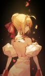  1girl absurdres ahoge bare_shoulders black_background bow braid choker detached_sleeves earrings fate/grand_order fate_(series) french_braid green_eyes hair_bow hair_intakes highres jewelry kotatsu_kaya necklace nero_claudius_(fate) petals profile puffy_sleeves red_bow shoulder_blades solo 