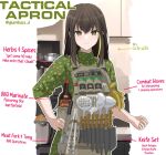  1girl apron black_hair blush brown_eyes collared_shirt cooking_pot dgkamikaze english_commentary english_text floral_print girls_frontline gloves green_hair hand_on_own_hip highres kitchen kitchen_knife long_hair looking_at_viewer m4a1_(girls&#039;_frontline) multicolored_hair sauce shirt sleeves_rolled_up smile spatula streaked_hair tongs twitter_username 
