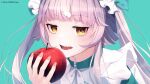  1girl apple blunt_bangs brown_eyes commentary_request food fruit grey_hair highres holding holding_food holding_fruit hololive kounaien_(comic1217) long_hair looking_at_viewer murasaki_shion official_alternate_costume official_art open_mouth sharp_teeth solo teeth twintails upper_body virtual_youtuber wing_hair_ornament yellow_eyes 