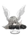  1girl angel_wings black_eyes black_shirt feathered_wings fork grey_hair highres holding holding_fork long_hair long_sleeves looking_at_viewer original plate shirt simple_background solo upper_body white_background white_wings wings yuge_kemuri 