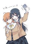  2girls absurdres ahoge black_eyes black_hair commentary_request cowboy_shot hand_on_another&#039;s_shoulder highres holding holding_phone koito_yuu long_hair long_sleeves multiple_girls nanami_touko neck_ribbon open_mouth orange_eyes orange_hair partial_commentary phone red_ribbon ribbon school_uniform selfie short_twintails sikyo69 tohmi_higashi_high_school_uniform twintails v white_background yagate_kimi_ni_naru yellow_ribbon 