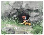  absurdres archen border claws day dwebble fangs grass highres looking_up mokuzou_(moku_ssbu) no_humans outdoors pokemon pokemon_(creature) rain rock white_border 