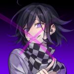  1boy black_background black_hair checkered_clothes checkered_scarf danganronpa_(series) danganronpa_v3:_killing_harmony gradient_background grey_jacket grin hair_between_eyes hand_up highres index_finger_raised jacket male_focus medium_hair messy_hair multicolored_hair nanin oma_kokichi pink_background pink_eyes portrait scarf smile solo teeth two-tone_hair 