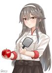  1girl alternate_costume apple black_skirt blush buttons commentary_request dated double-breasted food fruit grey_hair hairband haruna_(kancolle) highres holding holding_food holding_fruit jacket kantai_collection long_hair looking_at_viewer one-hour_drawing_challenge shiromaru_(maniado) simple_background skirt smile solo twitter_username upper_body white_background white_hairband white_jacket 