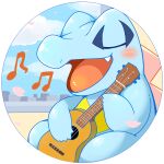  blue_border blue_sky blush border city closed_mouth clouds fang highres holding holding_weapon instrument music musical_note no_humans open_mouth playing_instrument pokemon pokemon_(creature) round_image singing sky solo tatu_wani totodile ukulele weapon 