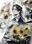  1boy black_hair black_jacket black_necktie bouquet closed_mouth collared_shirt flower highres holding holding_bouquet holding_flower jacket long_hair long_sleeves looking_at_viewer male_focus necktie original parted_bangs remsrar shirt solo sunflower upper_body white_shirt wing_collar yellow_eyes 