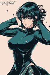  1girl breasts dress fubuki_(one-punch_man) green_dress green_eyes green_hair highres light_smile lips long_sleeves looking_at_viewer mostlybluewyatt navel one-punch_man short_hair simple_background solo twitter_username 