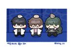  1boy 2girls animal_on_head baek_ae-young bbing_zzi bird bird_on_head black_hair border bread brown_hair chibi closed_mouth commentary_request cup eoduun_badaui_deungbul-i_doeeo food frown glasses green_hair headphones headphones_around_neck heterochromia kiwi_(bird) korean_commentary korean_text lab_coat long_hair multiple_girls object_on_head on_head pants park_moo-hyun ponytail round_eyewear shirt short_hair single_tear solid_circle_eyes standing teacup translation_request twitter_username white_border yu_geum-i 