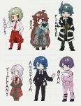  3boys 3girls :3 ahoge apple aqua_hair aqua_necktie black_coat black_jacket black_necktie black_pants black_vest blue_eyes blue_hair brown_eyes brown_hair chinese_commentary closed_mouth clothes_around_waist coat collared_shirt commentary_request employee_(lobotomy_corporation) food fruit full_body green_hair grey_coat grey_eyes grey_pants grey_vest highres holding holding_food holding_fruit holding_orb holding_paper jacket jacket_around_waist lobotomy_corporation long_hair long_sleeves multiple_boys multiple_girls necktie no_nose open_clothes open_coat open_jacket pants paper pink_jacket pink_pants project_moon purple_hair red_coat red_eyes red_jacket red_necktie red_pants red_shirt shirt short_hair sleeves_past_wrists smile teeth tesna tie_clip twintails upper_teeth_only very_long_hair vest white_hair white_necktie white_shirt 