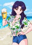  1girl absurdres alcohol beach beer brown_eyes cross cross_necklace denim denim_shorts earrings glass hawaiian_shirt highres jewelry katsuragi_misato necklace neon_genesis_evangelion purple_hair red_nails shirt shorts solo tied_shirt tsunemoku 