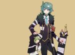  2boys age_difference aqua_hair armband black_coat black_pants black_vest blue_necktie chinese_commentary coat collared_shirt commentary_request employee_(lobotomy_corporation) fang green_hair hair_over_eyes highres hood hoodie lobotomy_corporation long_sleeves multiple_boys necktie open_clothes open_coat open_mouth pants project_moon red_armband shirt short_hair simple_background sweat tesna vest white_eyes white_hoodie white_shirt yellow_background 