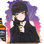  1girl alcohol black_hair black_nails bocchi_the_rock! chin_piercing colored_inner_hair drink green_eyes highres jack_daniel&#039;s m_xy multicolored_hair nail_polish pa-san piercing purple_hair smile solo upper_body 