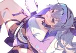  1girl absurdres bandaid_on_thigh belt black_jacket black_shorts blue_jacket brown_eyes commentary_request crop_top curly_hair eyewear_on_head grey_belt grey_hair highres holding holding_phone honkai:_star_rail honkai_(series) jacket looking_at_viewer mochizuki_mochi multicolored_clothes multicolored_jacket open_mouth phone shirt shorts side_ponytail silver_wolf_(honkai:_star_rail) smile solo thigh_strap white_shirt 