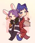  2boys ;) animal_ears black_jacket black_pants black_vest blue_eyes blue_hair blue_necktie cake cat_boy cat_ears cat_tail chinese_commentary closed_mouth collared_shirt commentary_request employee_(lobotomy_corporation) food gift hand_in_pocket highres holding holding_cake holding_food jacket lobotomy_corporation long_sleeves male_focus multiple_boys necktie one_eye_closed open_clothes open_jacket pants project_moon purple_hair rabbit_boy rabbit_ears rabbit_tail red_jacket red_pants shirt short_hair smile star_(symbol) tail tesna vest violet_eyes white_shirt 