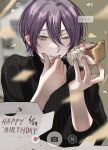  1boy black_sweater blue_hair box cake cake_slice camera cherry closed_mouth confetti dated earrings fingernails food fruit goi_x01 hair_between_eyes happy_birthday holding holding_cake holding_food jewelry kamishiro_rui long_sleeves looking_at_viewer male_focus multicolored_hair one_eye_closed project_sekai purple_hair ribbed_sweater short_hair solo streaked_hair sweater two-tone_hair upper_body yellow_eyes 