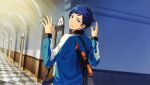  1boy blue_hair checkered_floor dark_blue_hair door ensemble_stars! fingerless_gloves fushimi_yuzuru gloves hands_up happy_elements indoors long_sleeves looking_at_viewer male_focus military_(ensemble_stars!) mole mole_under_eye official_art outstretched_hand short_bangs short_hair solo teeth third-party_source toy_gun upper_body violet_eyes 