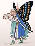  1boy arthropod_boy artist_name blanca_(fate) blue_cloak bug butterfly_wings cloak crown diamond_hairband fate/grand_order fate_(series) full_body fur-trimmed_cloak fur_trim grey_hair highres insect_wings leletosu long_sleeves male_focus medium_hair moth oberon_(fate) simple_background solo white_background wings 