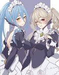  2girls alternate_costume alternate_hairstyle apron azura_(fire_emblem) black_dress blue_hair blush breasts bridal_gauntlets corrin_(female)_(fire_emblem) corrin_(fire_emblem) cosplay dress felicia_(fire_emblem) felicia_(fire_emblem)_(cosplay) fire_emblem fire_emblem_fates flora_(fire_emblem) flora_(fire_emblem)_(cosplay) hair_between_eyes highres juliet_sleeves karashino long_hair long_sleeves looking_at_viewer maid maid_headdress medium_breasts multiple_girls pointy_ears ponytail puffy_sleeves red_eyes simple_background smile twintails very_long_hair white_hair yellow_eyes 