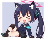  &gt;_&lt; 1girl :d animal_ear_fluff animal_ears armband bike_shorts black_footwear black_gloves black_hair black_shorts black_socks blazer blue_archive blue_background blue_jacket blue_necktie blue_ribbon blush breasts chibi closed_eyes collared_shirt facing_viewer fang full_body gloves grey_skirt hair_between_eyes hair_ribbon halo hana_kazari headset highres jacket knee_up long_hair necktie plaid plaid_skirt pleated_skirt ribbon safety_pin serika_(blue_archive) shirt shoes short_shorts shorts shorts_under_skirt sitting skirt small_breasts smile socks solo twintails two-tone_background very_long_hair white_background white_shirt xd 